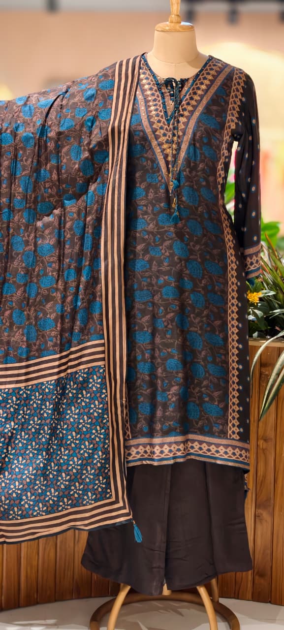 Bold Look Completely Printed Stylish A-Line Full Suit Set With Dupatta In Dola Silk Fabric- 13350