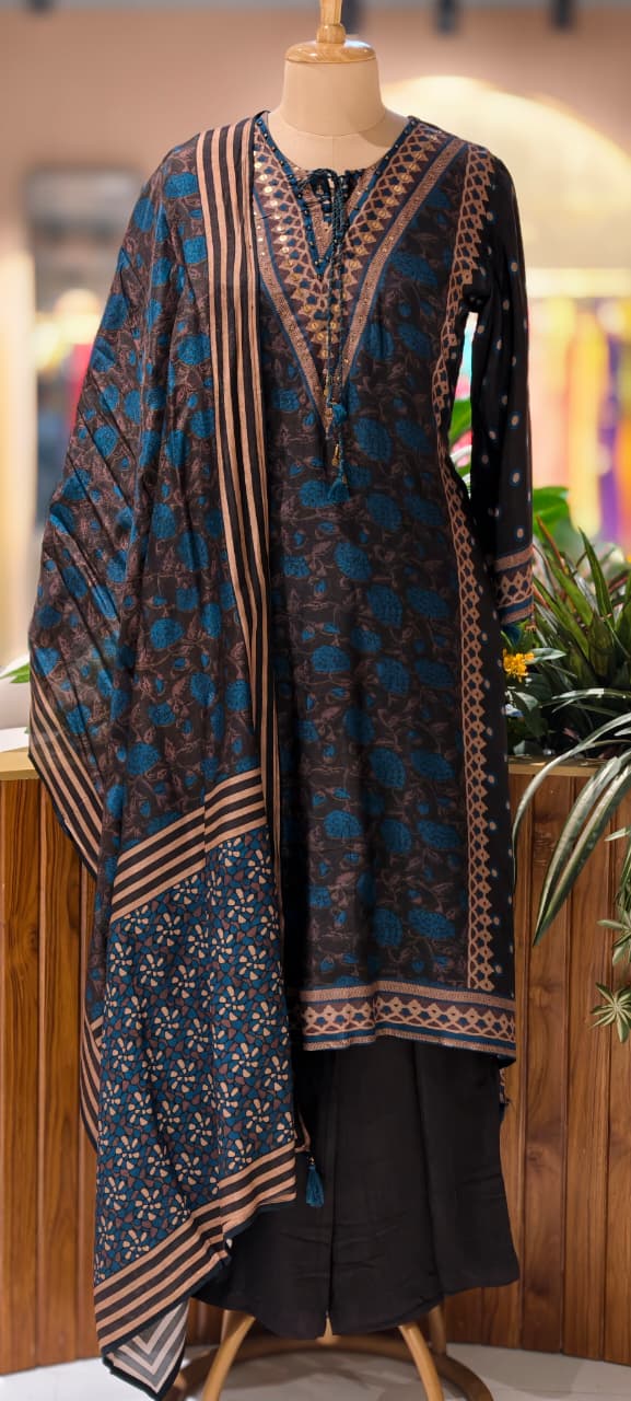 Bold Look Completely Printed Stylish A-Line Full Suit Set With Dupatta In Dola Silk Fabric- 13350