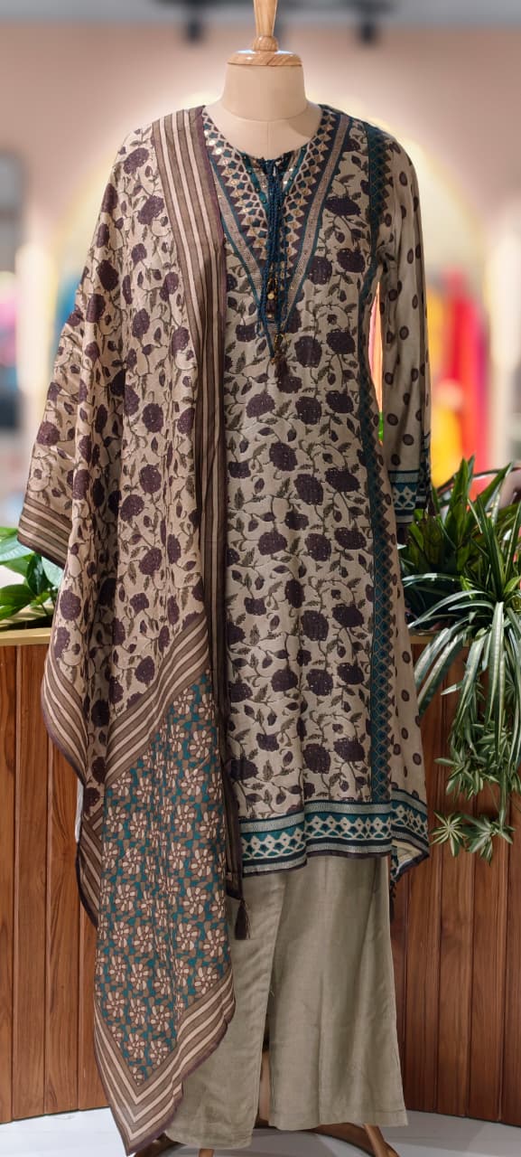 Bold Look Completely Printed Stylish A-Line Full Suit Set With Dupatta In Dola Silk Fabric- 13350