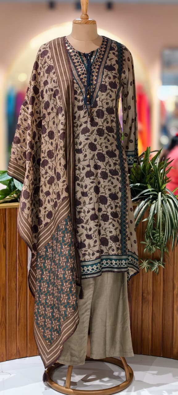 Bold Look Completely Printed Stylish A-Line Full Suit Set With Dupatta In Dola Silk Fabric- 13350