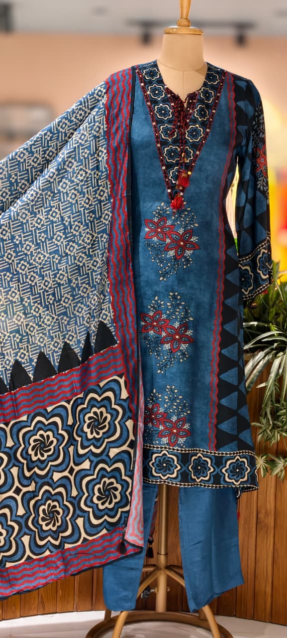 Classy Vintage Printed A-Line Full Suit Set With Dupatta In Dola Silk Fabric- 13351