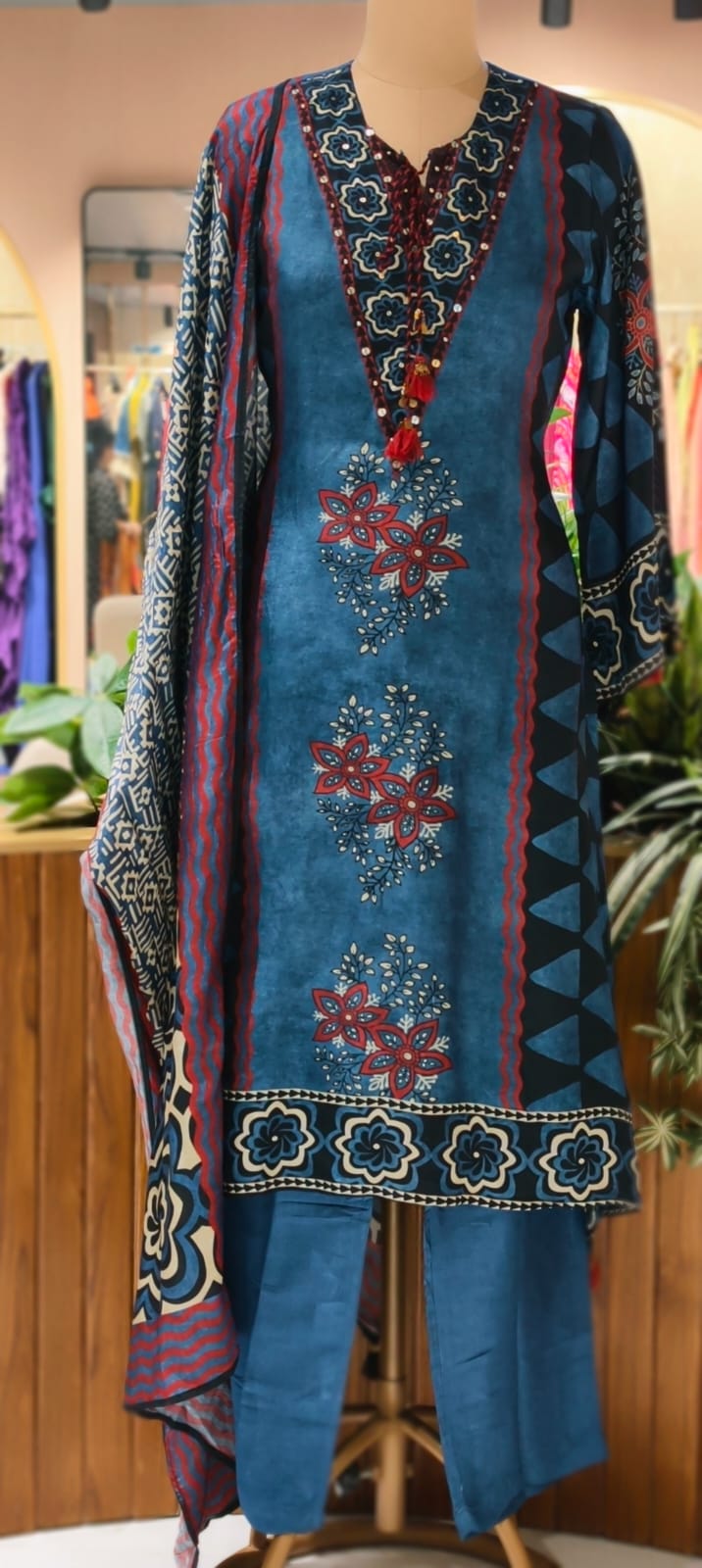 Classy Vintage Printed A-Line Full Suit Set With Dupatta In Dola Silk Fabric- 13351
