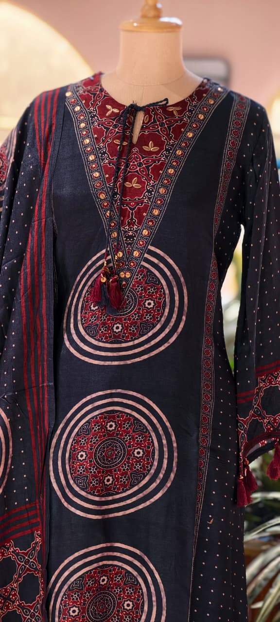 Foil Neck Line Rich Printed A-Line Full Suit Set With Dupatta In Dola Silk- 13348