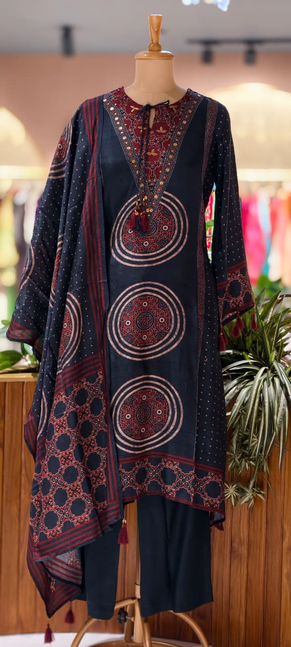 Foil Neck Line Rich Printed A-Line Full Suit Set With Dupatta In Dola Silk- 13348