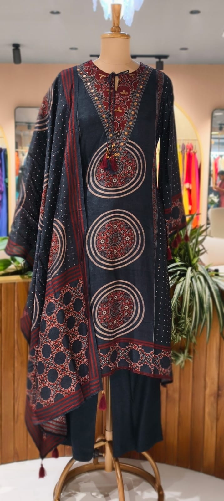 Foil Neck Line Rich Printed A-Line Full Suit Set With Dupatta In Dola Silk- 13348