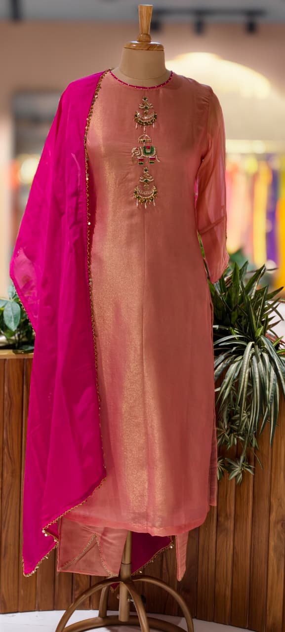 Minimal Kundan Figure Work Front Designed Solid Tissue Full Suit Set With Dupatta- 13377