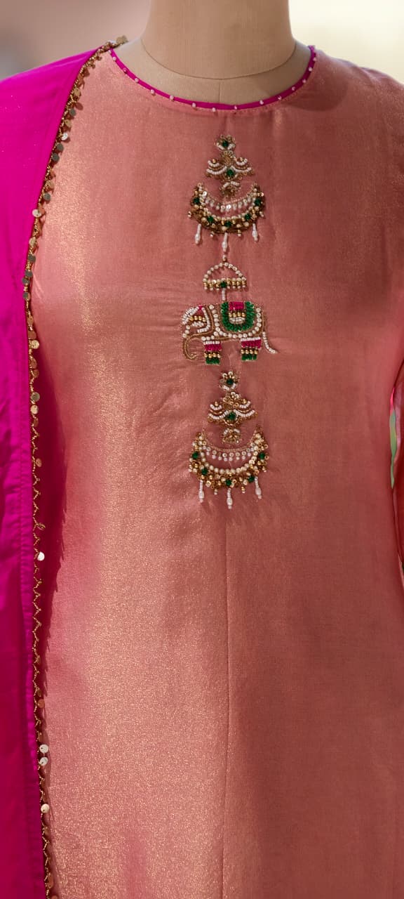Minimal Kundan Figure Work Front Designed Solid Tissue Full Suit Set With Dupatta- 13377