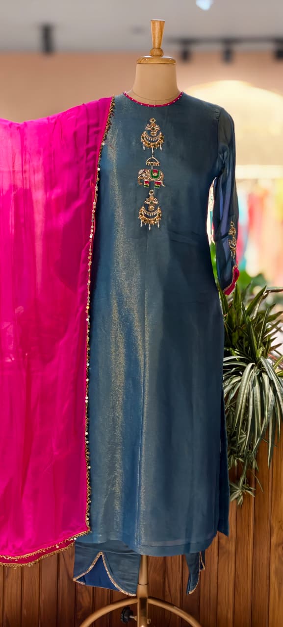 Minimal Kundan Figure Work Front Designed Solid Tissue Full Suit Set With Dupatta- 13377