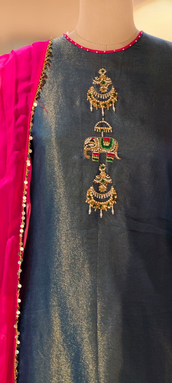 Minimal Kundan Figure Work Front Designed Solid Tissue Full Suit Set With Dupatta- 13377