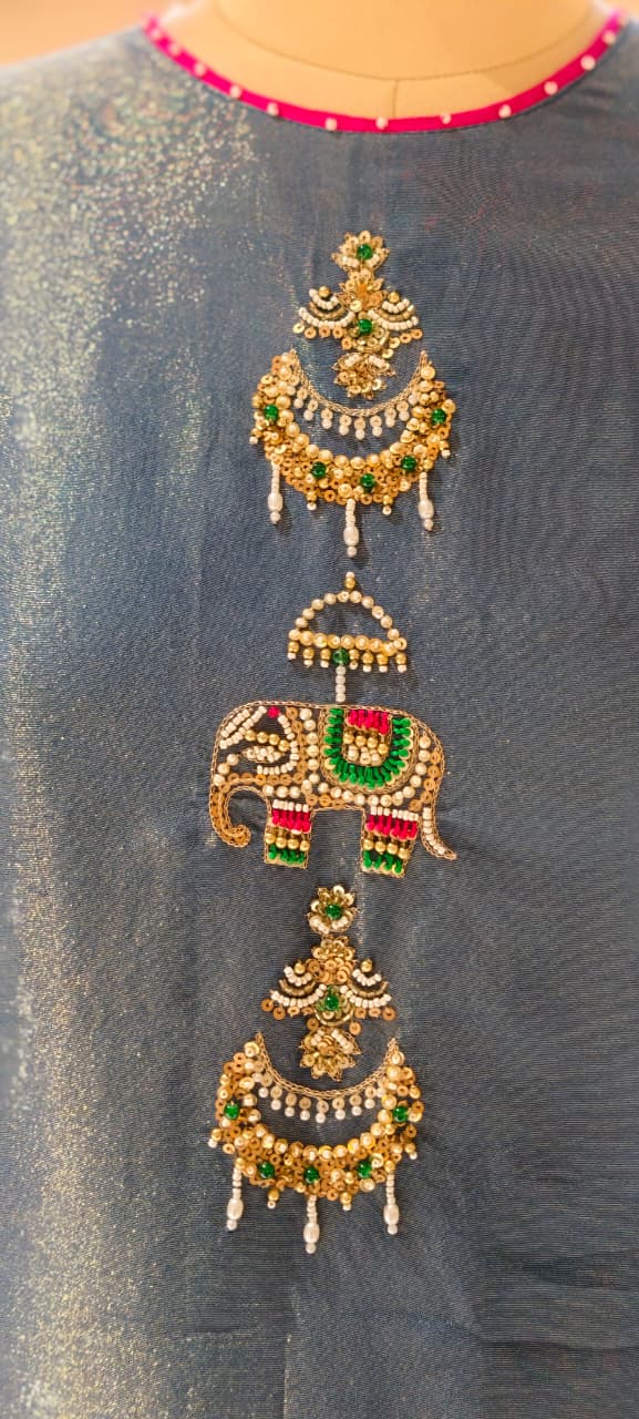 Minimal Kundan Figure Work Front Designed Solid Tissue Full Suit Set With Dupatta- 13377