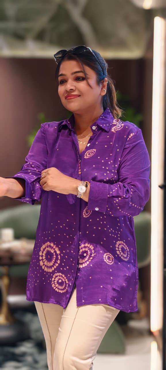 Scattered Bandhej Print Vibrant Crepe Collared Casual Shirt (Dispaching After 15 Days)