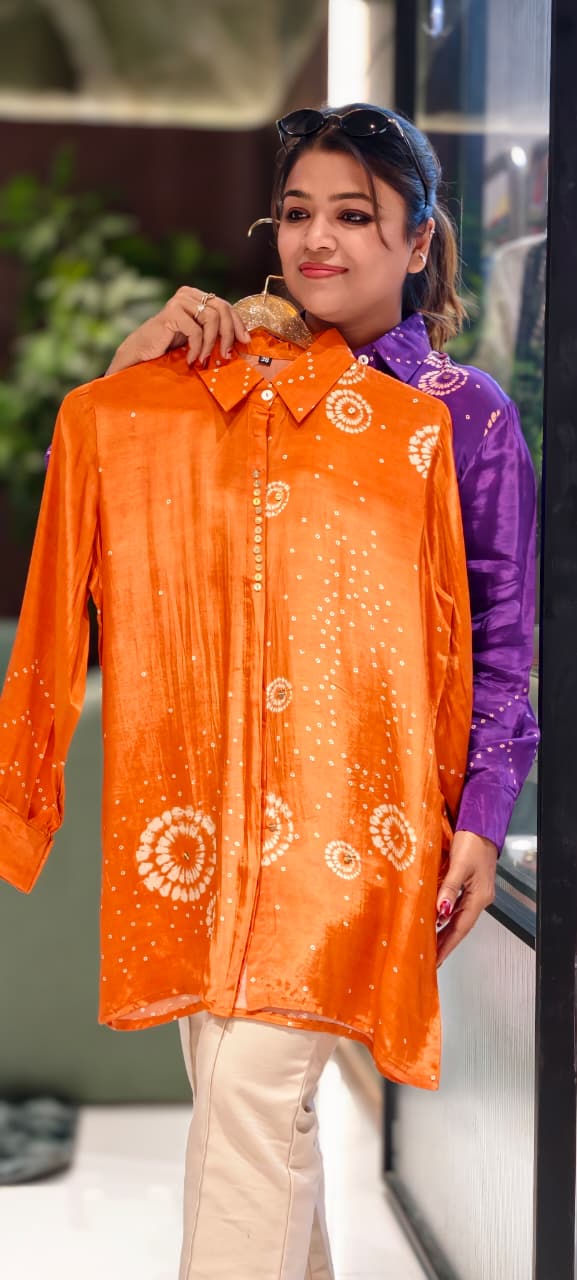 Scattered Bandhej Print Vibrant Crepe Collared Casual Shirt (Dispaching After 15 Days)