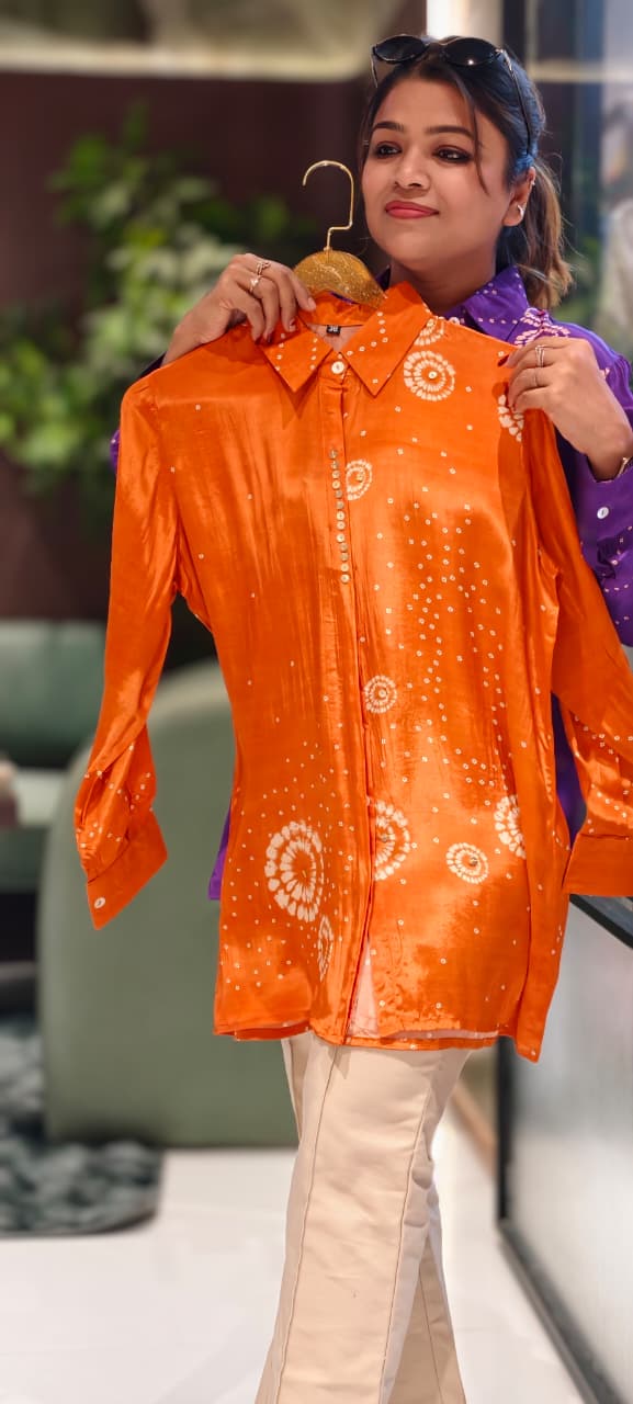 Scattered Bandhej Print Vibrant Crepe Collared Casual Shirt (Dispaching After 15 Days)