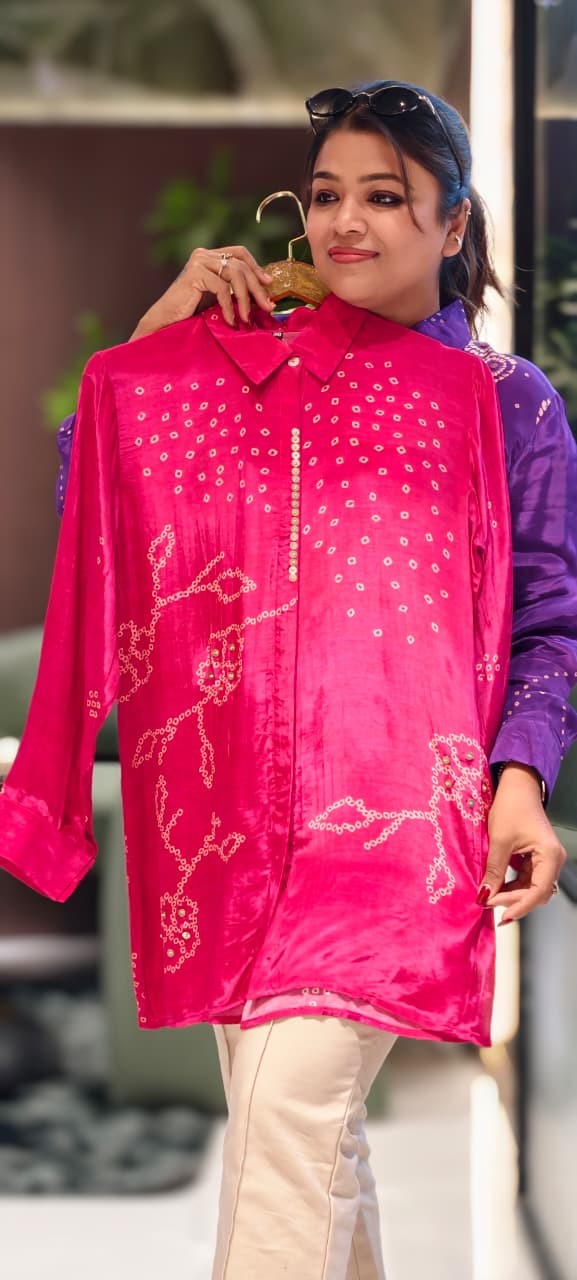 Scattered Bandhej Print Vibrant Crepe Collared Casual Shirt (Dispaching After 15 Days)