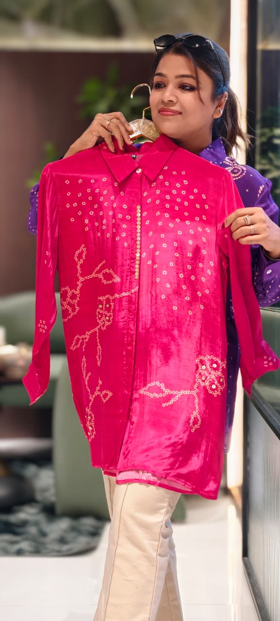 Scattered Bandhej Print Vibrant Crepe Collared Casual Shirt (Dispaching After 15 Days)