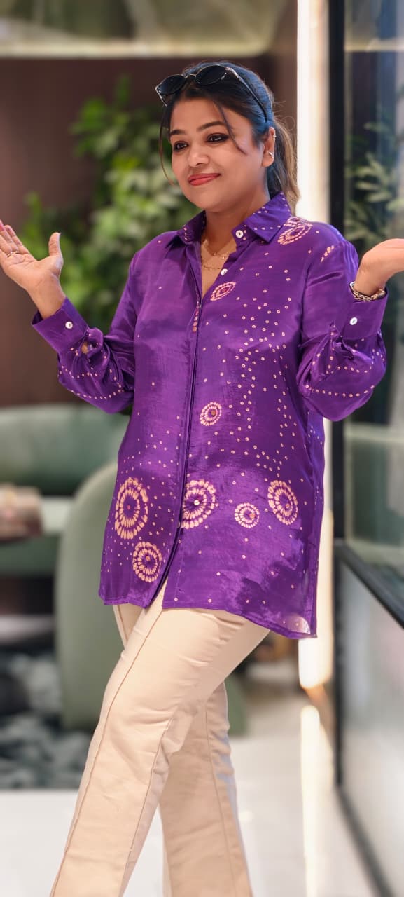 Scattered Bandhej Print Vibrant Crepe Collared Casual Shirt (Dispaching After 15 Days)