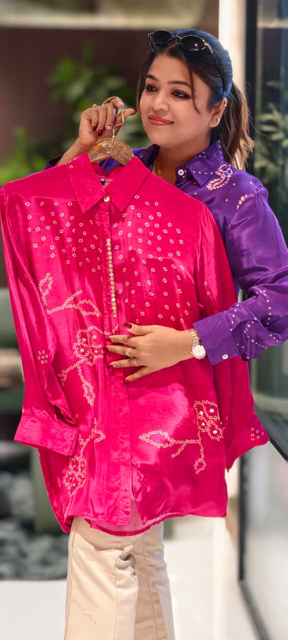 Scattered Bandhej Print Vibrant Crepe Collared Casual Shirt (Dispaching After 15 Days)