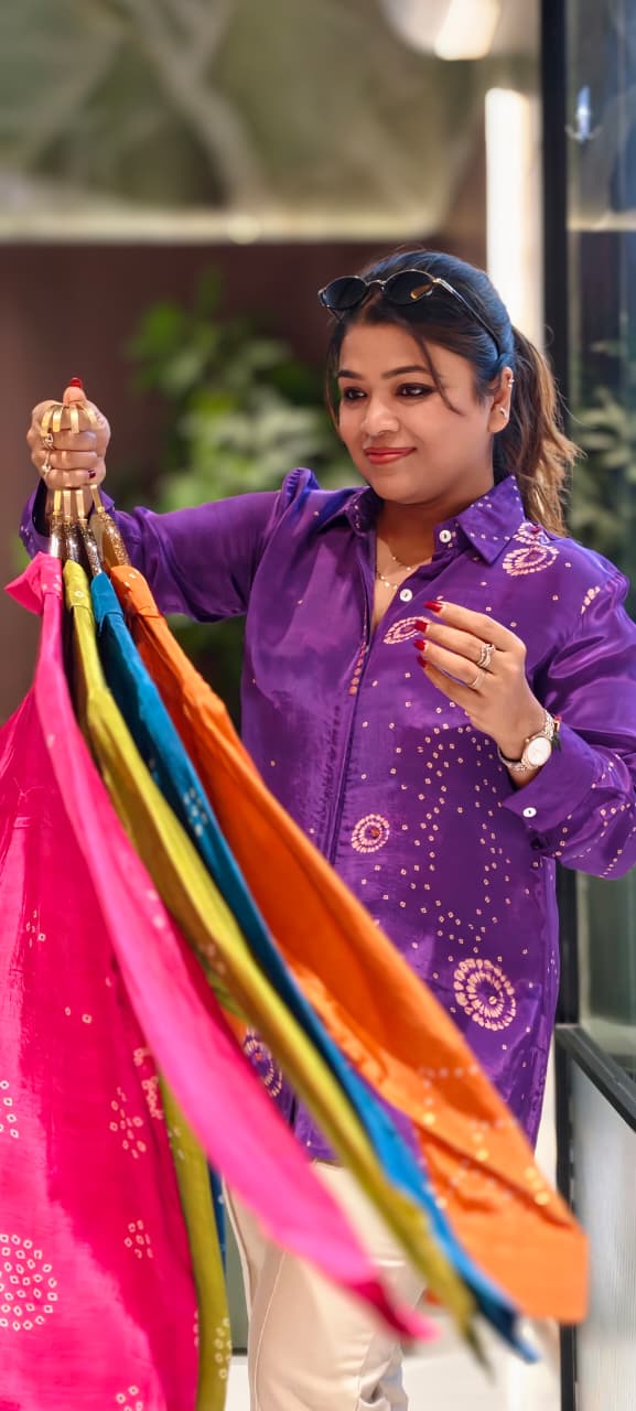 Scattered Bandhej Print Vibrant Crepe Collared Casual Shirt (Dispaching After 15 Days)