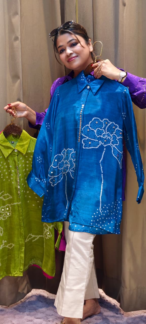 Scattered Bandhej Print Vibrant Crepe Collared Casual Shirt (Dispaching After 15 Days)