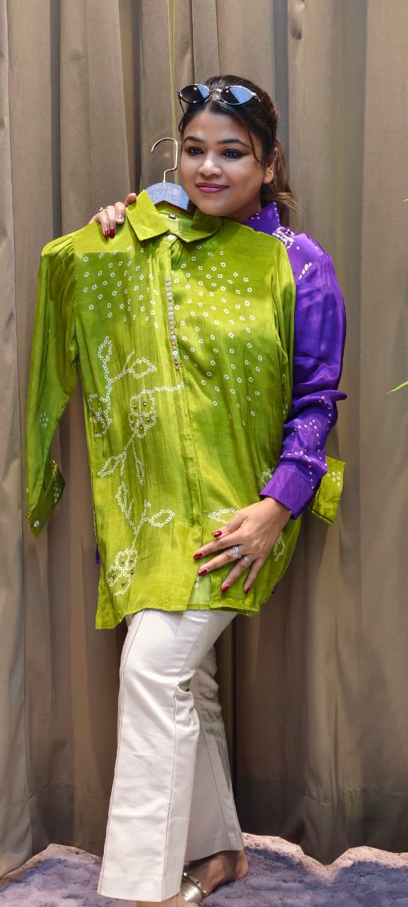 Scattered Bandhej Print Vibrant Crepe Collared Casual Shirt (Dispaching After 15 Days)