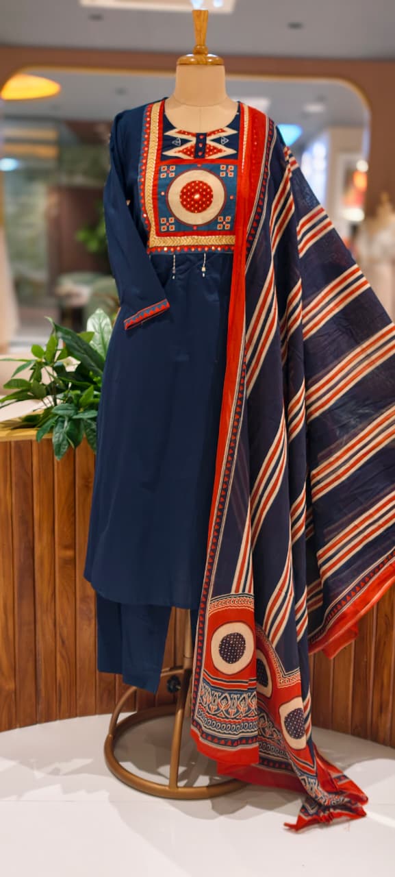 Premium Cotton Kurta Pant Dupatta Set with Traditional Geometric Print Yoke, Contrast Borders, Elegant Straight Silhouette & Printed Dupatta-13402