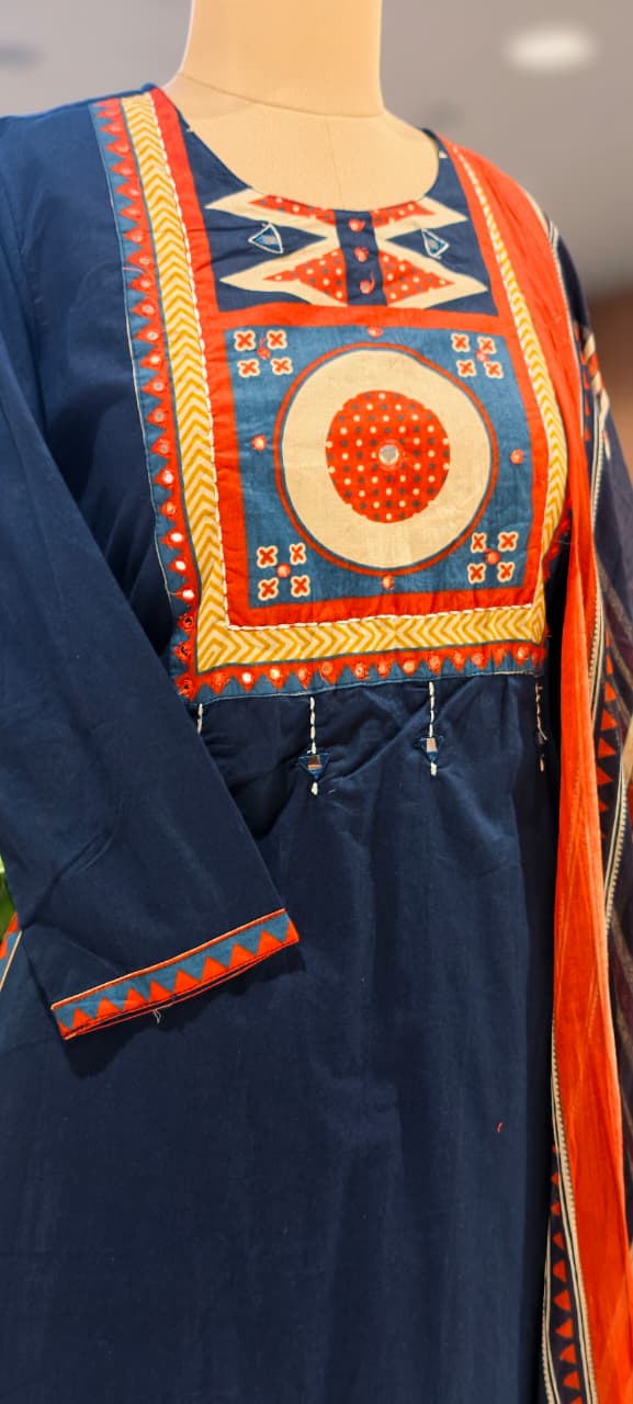 Premium Cotton Kurta Pant Dupatta Set with Traditional Geometric Print Yoke, Contrast Borders, Elegant Straight Silhouette & Printed Dupatta-13402