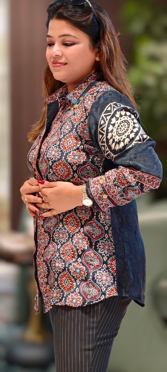 Ajrakh Solid Print Coin Tassel Collar Crepe Casual Shirt- 13425