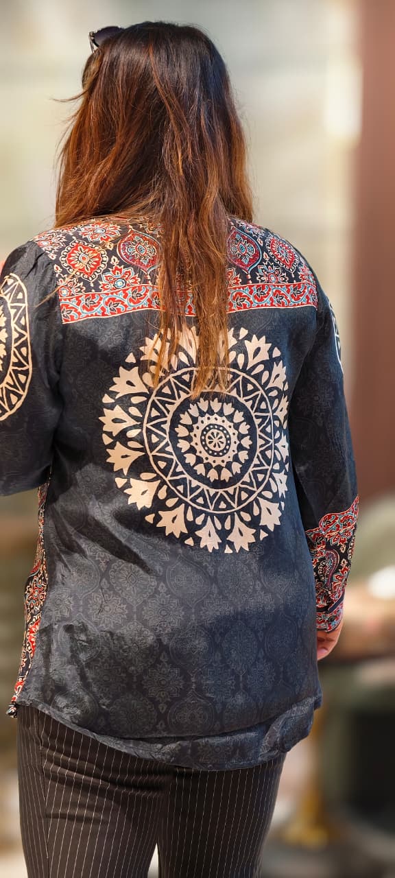 Ajrakh Solid Print Coin Tassel Collar Crepe Casual Shirt- 13425