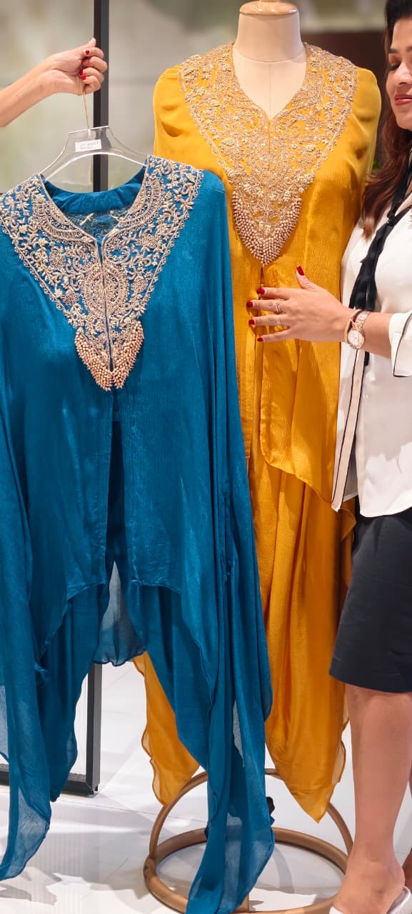 Royal Zardosi Bloom Embroidered Kurta High-Low Flowy Cape With Buster & Tulip Bottom- 13393