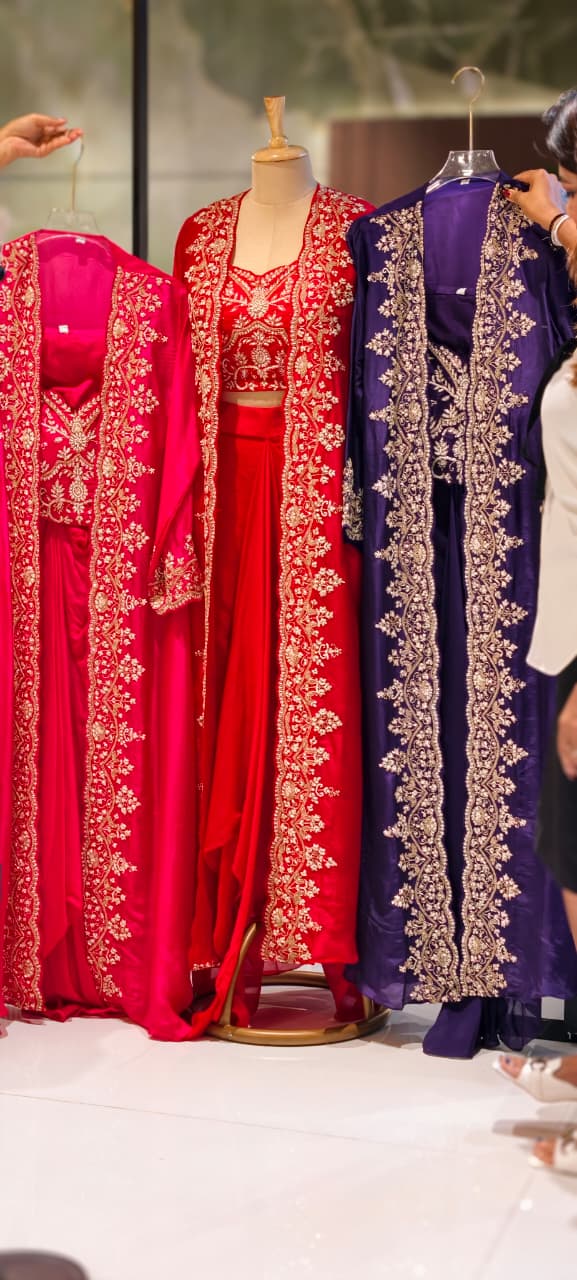 Vibrant Zariya Floral Hand Embroidered Buster With Long Shrug & Flowy Drape Skirt