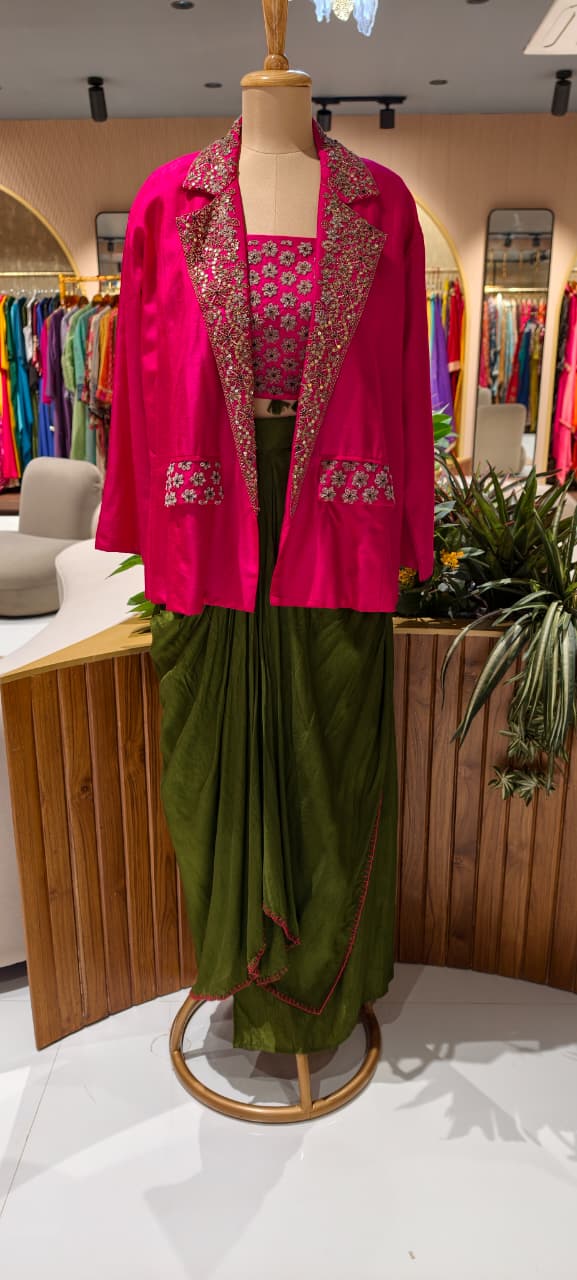 Regal Zardosi Handwork Premium Party Wear Buster With Solid Drape Skirt & Heavy Jacket- 13266