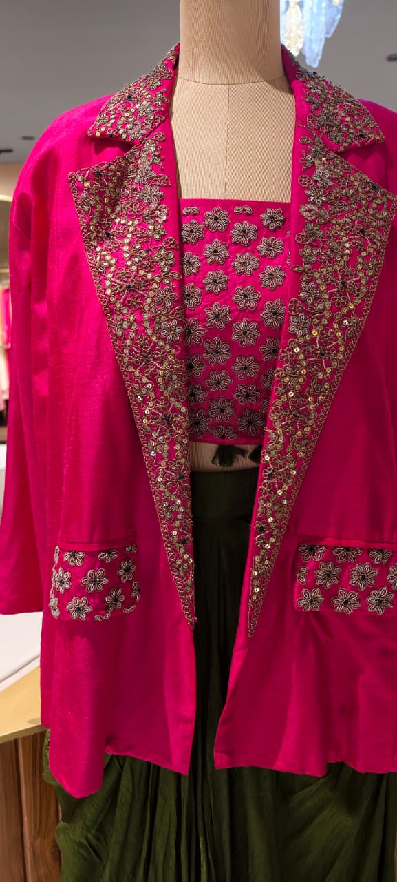 Regal Zardosi Handwork Premium Party Wear Buster With Solid Drape Skirt & Heavy Jacket- 13266