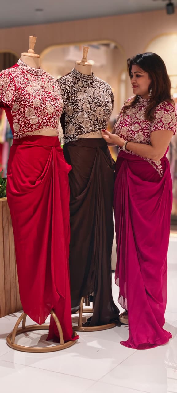 Very Stylish Pearl Sequin With Crystallex Work High-Low Block Upper With Flowy Drape Skirt- 13388