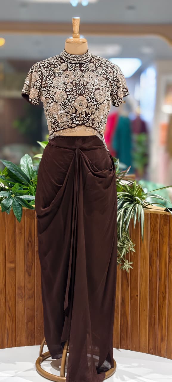 Very Stylish Pearl Sequin With Crystallex Work High-Low Block Upper With Flowy Drape Skirt- 13388