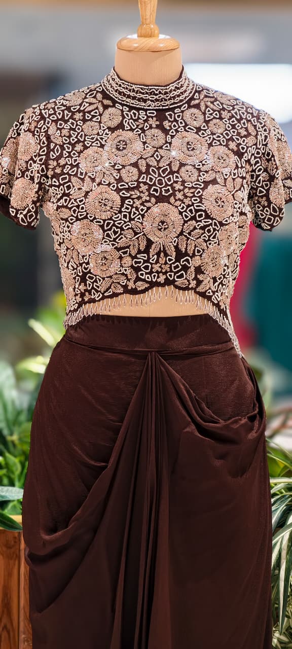 Very Stylish Pearl Sequin With Crystallex Work High-Low Block Upper With Flowy Drape Skirt- 13388