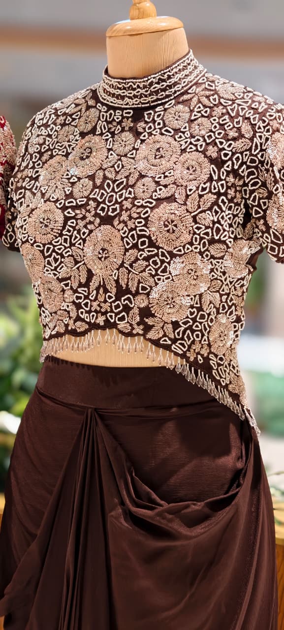 Very Stylish Pearl Sequin With Crystallex Work High-Low Block Upper With Flowy Drape Skirt- 13388