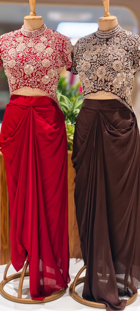 Very Stylish Pearl Sequin With Crystallex Work High-Low Block Upper With Flowy Drape Skirt- 13388