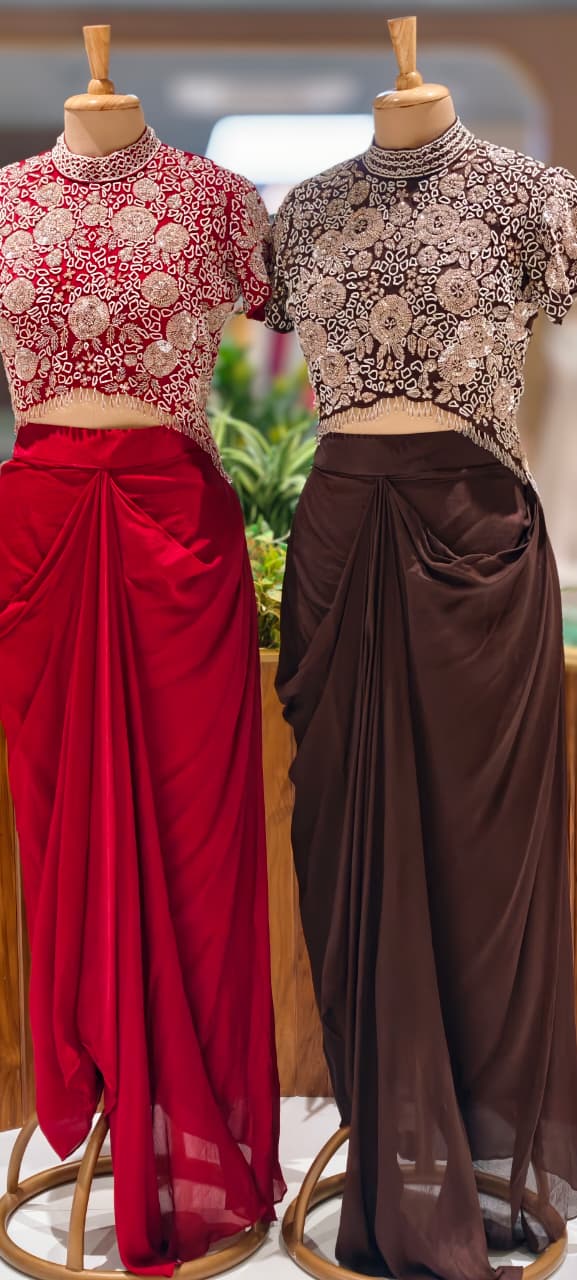 Very Stylish Pearl Sequin With Crystallex Work High-Low Block Upper With Flowy Drape Skirt- 13388