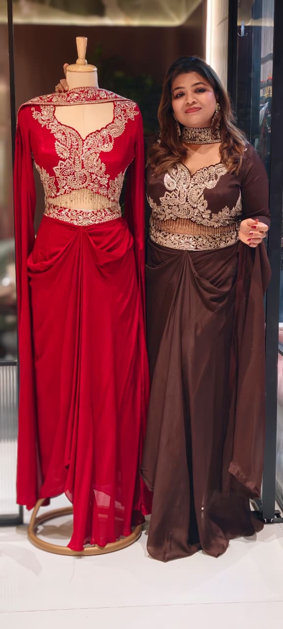 Sequin & Thread Heavy Embroidered Work Crystallex Royal Look Drape Indo-Western Wear- 13387