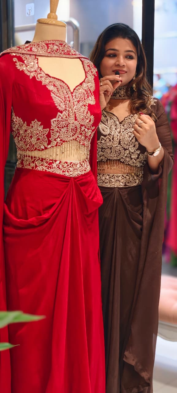 Sequin & Thread Heavy Embroidered Work Crystallex Royal Look Drape Indo-Western Wear- 13387