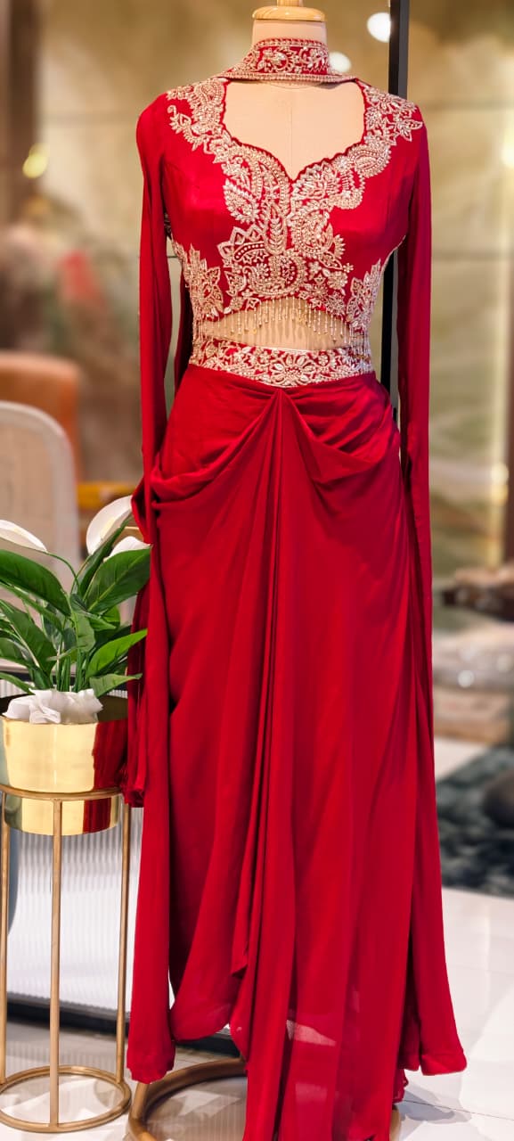 Sequin & Thread Heavy Embroidered Work Crystallex Royal Look Drape Indo-Western Wear- 13387