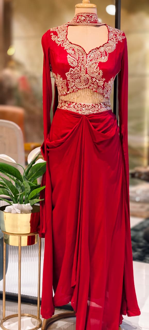 Sequin & Thread Heavy Embroidered Work Crystallex Royal Look Drape Indo-Western Wear- 13387