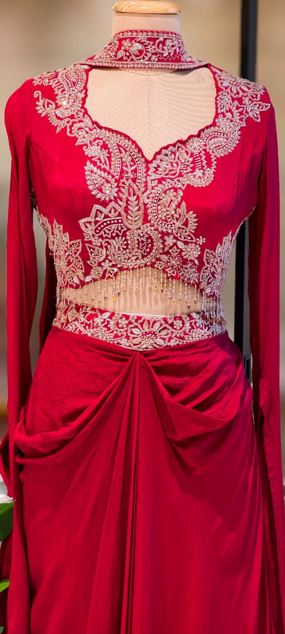 Sequin & Thread Heavy Embroidered Work Crystallex Royal Look Drape Indo-Western Wear- 13387