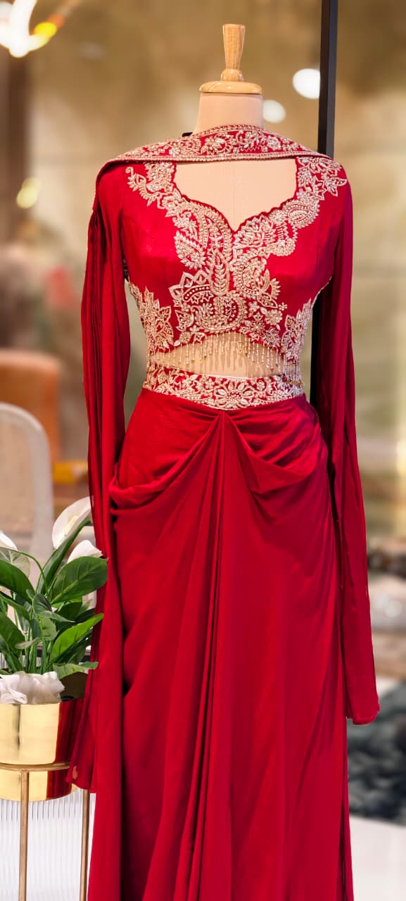 Sequin & Thread Heavy Embroidered Work Crystallex Royal Look Drape Indo-Western Wear- 13387