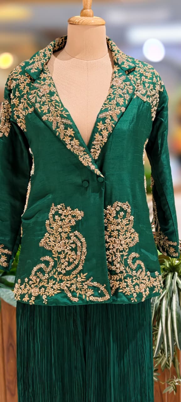 Royal Emerald Green Zari & Threadwork Jacket Look Kurta With Crush Palazzo Bottom- 13265