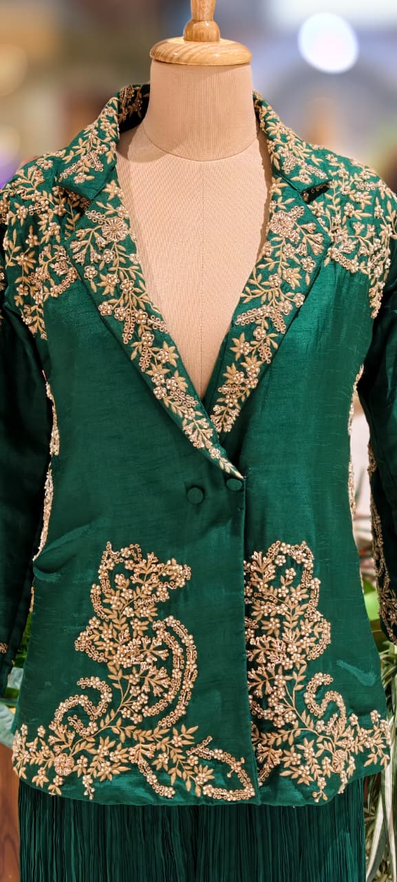 Royal Emerald Green Zari & Threadwork Jacket Look Kurta With Crush Palazzo Bottom- 13265