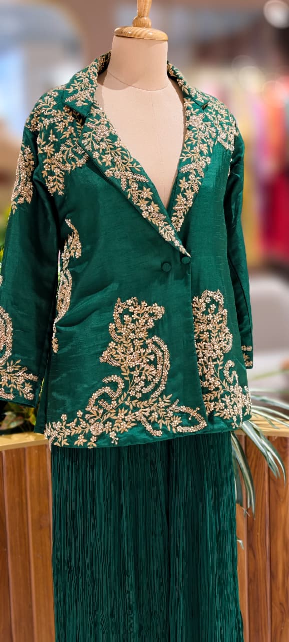 Royal Emerald Green Zari & Threadwork Jacket Look Kurta With Crush Palazzo Bottom- 13265