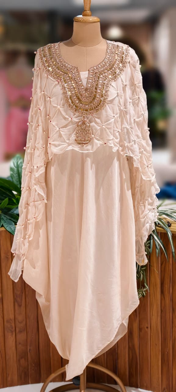 Ruffled Pleated Unique Look Sequin Handwork Yoke Indo-Western High-Low Cape With Inner - 13247