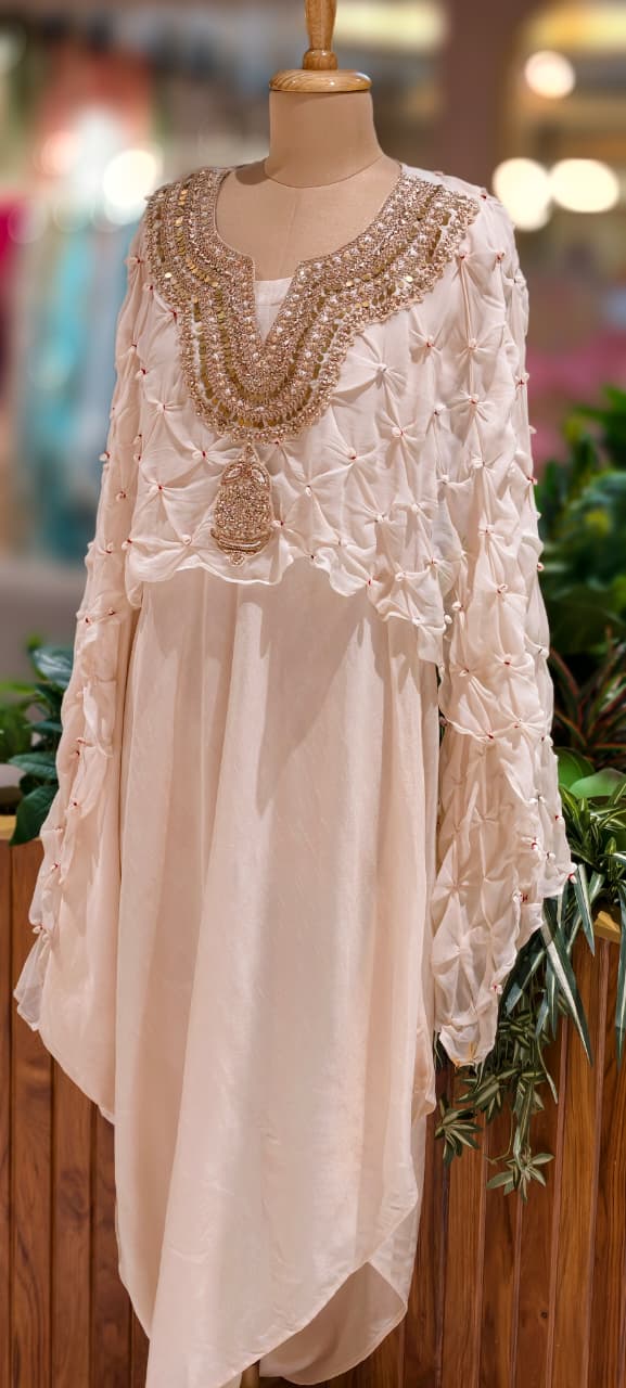 Ruffled Pleated Unique Look Sequin Handwork Yoke Indo-Western High-Low Cape With Inner - 13247