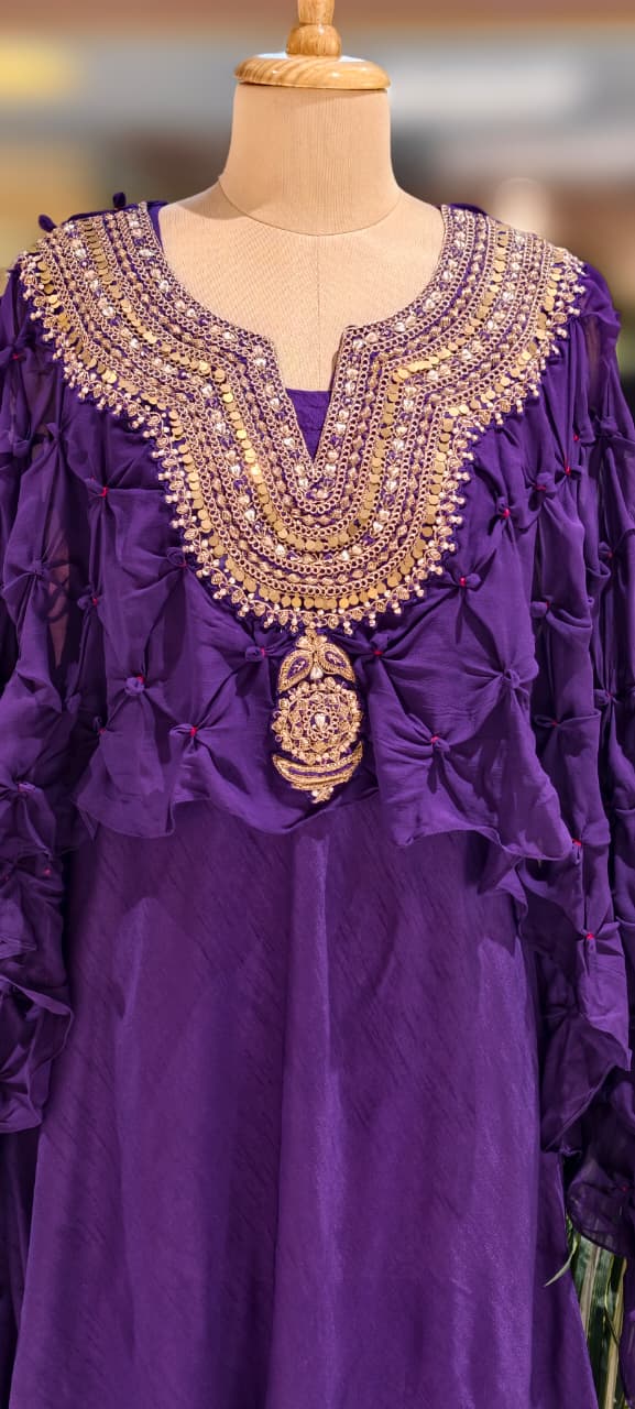 Ruffled Pleated Unique Look Sequin Handwork Yoke Indo-Western High-Low Cape With Inner - 13247